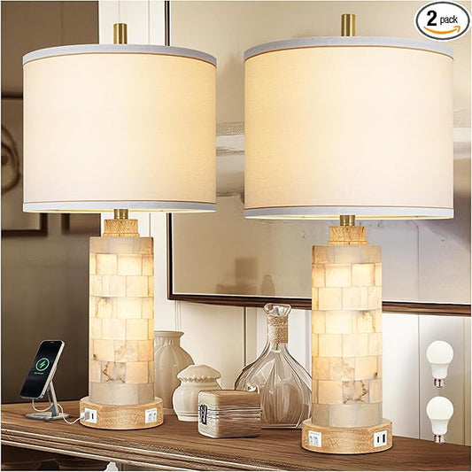 27" Natural Alabaster And Wood Table Lamp Set of 2 With Night Light Nightstand Lamps With USB Ports White Linen Fabric Shade Bedside Lamp Decor For Living Room Bedroom Home Office Hotel Bar House