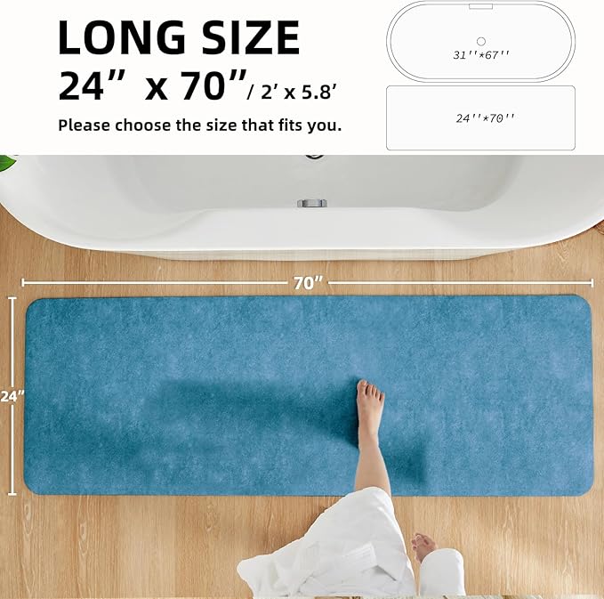 Bathroom Mat Quick Dry, Bathroom Rugs Non Slip Washable Thin Absorbent Bath Mat Fits Under Door Bathroom Floor Mat Perfect for Bath, Shower, or Sink 24"x70" Denim Blue