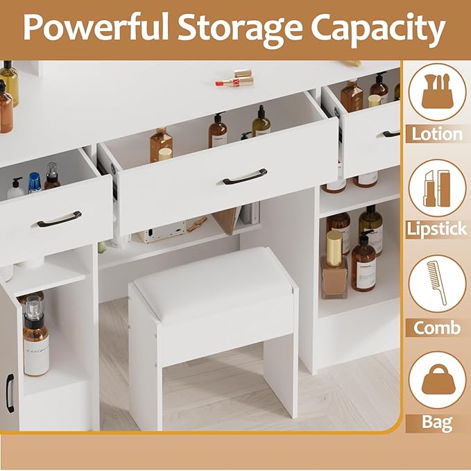 JBLCC Vanity Desk with Mirror and Lights, 39.4‘’ White Makeup Vanity with 3-Color Lighted Mirror, 5 Drawers & Open Shelves, Big Vanity Table for Bedroom, Girls & Women