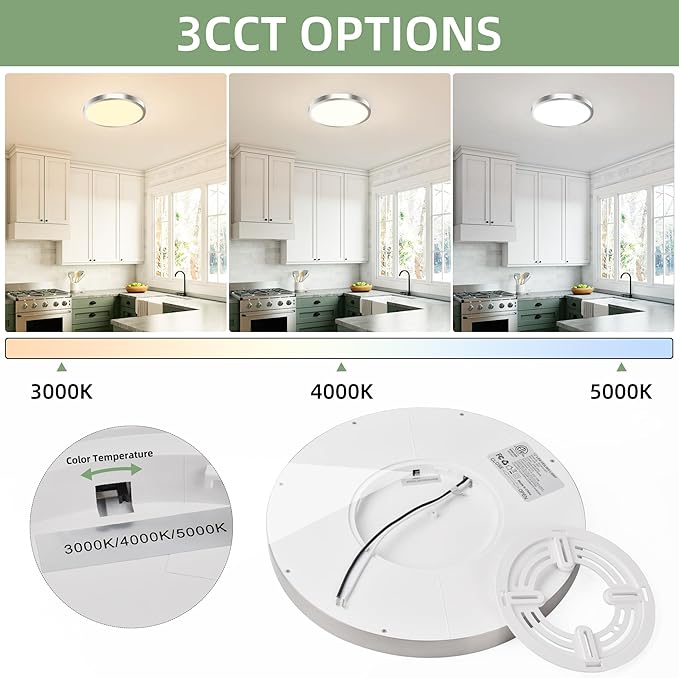 hykolity 12 Inch Selectable CCT LED Round Flat Panel Light, 24W 3000K/4000K/5000K, Edge-Lit Flush Mount Ceiling Light Fixture for Kitchen, Bedroom, Laundry and Closet Room,Brush Nickel