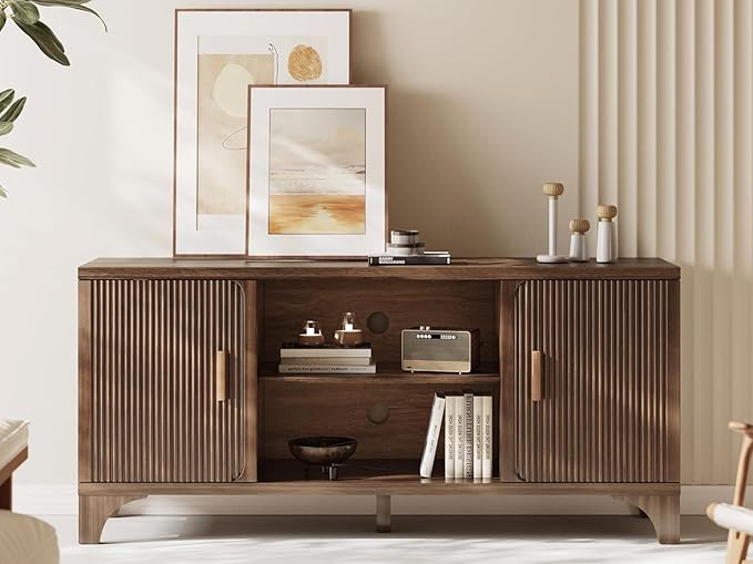 Tall Mid Century Modern TV Stands for 55/60/65 Inch TV Boho Media Console for Living Room Fluted TV Entertainment Center with Storage Wood Television Cabinet for Bedroom