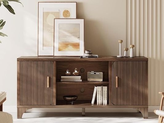 Tall Mid Century Modern TV Stands for 55/60/65 Inch TV Boho Media Console for Living Room Fluted TV Entertainment Center with Storage Wood Television Cabinet for Bedroom