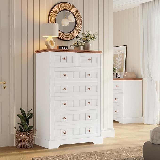 Hasuit White Dresser for Bedroom, Farmhouse 7 Drawers Dresser, 51.4"Tall Dressers Chest of Drawers with Hand Carved Panel, Large Wood Closet Storage Organizers Dressers for Bedroom Living Room Hallway