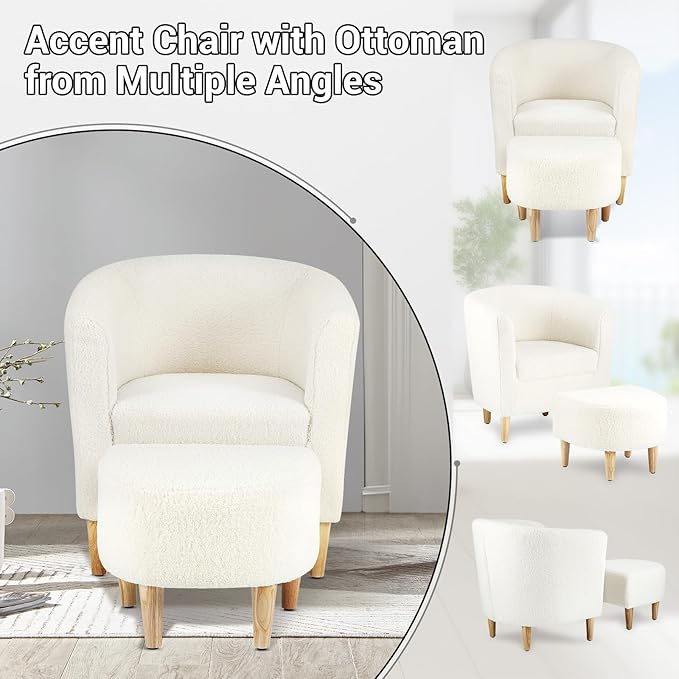 DAZONE Sherpa Accent Chair with Ottoman, White Fluffy Teddy Barrel Armchair for Cozy Living Room, Small Comfy Chairs for Bedroom, Reading Corner