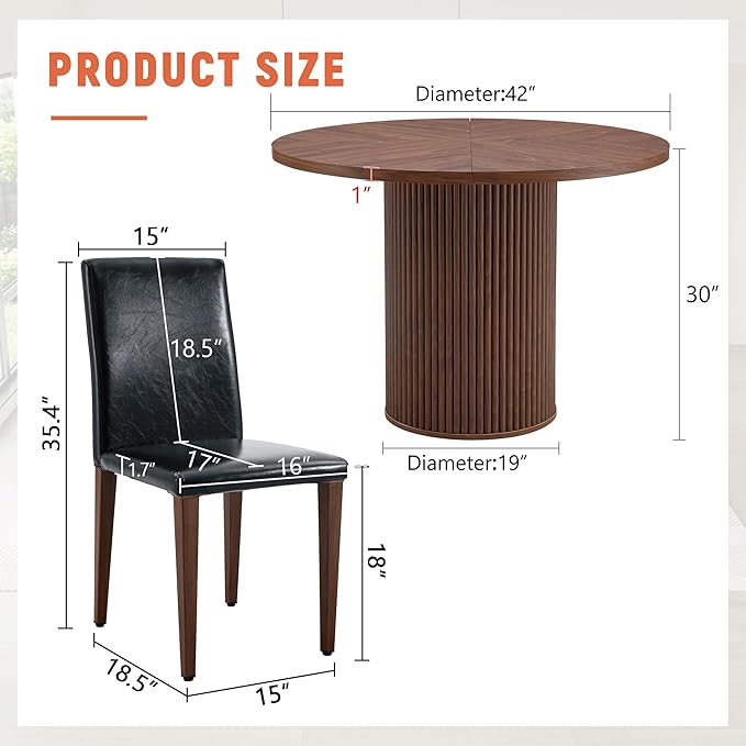 AZmac Round Dining Table Set for 6, Wooden Round Table 7-Piece with Modern Farmhouse Dining Table and 6 PU Leather Chairs for Kitchen Dining Room, Walnut Table + 6 Black High Back Chairs