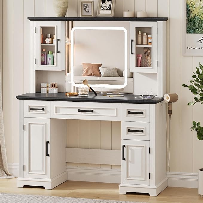 Maupvit Farmhouse Vanity Desk with Mirror and Lights, Makeup Vanity Table with Charging Station, 45" Bedroom Table with 4 Drawers and Cabinets, 3 Lighting Modes, White