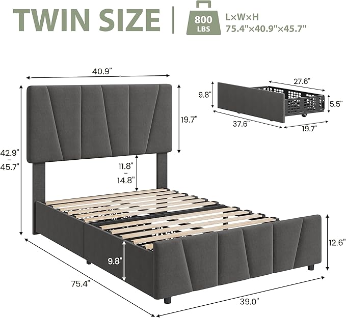 GarveeHome Twin Size Bed Frame with Adjustable Headboard and 4 Storage Drawers, Velvet Upholstered Tufted Twin Platform Bed Frames with Wooden Slats Support,Twin Bedframe No Box Spring Needed, Grey