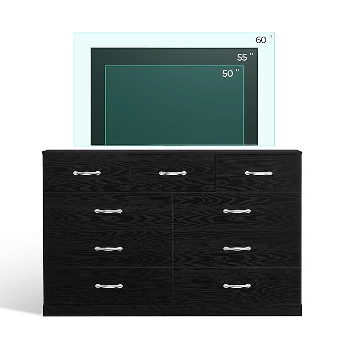 LINSY HOME 9 Drawer Dresser for Bedroom, 54" Wide Chest of Drawers, Modern TV Stand Dressers with Wood Frame and Metal Handles, Large Drawer Organizer for Bedroom, Living Room, Black