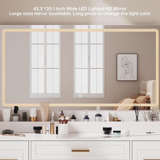 Vanity Desk with Mirror and LED Lights, 43'' W Makeup Vanity Desk with Power Outlet, 3 Color Modes, 7 Drawers Vanity Table with Chair, Dressing Table for Bedroom, Dressing Room