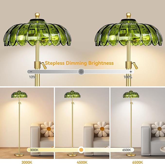 Gold Floor Lamps for Living Room Vintage Floor Lamp with Remote Control & Glass Lampshape,Mid Century Modern Standing Lamp with 3 Color Temperature Brass Flower Tall Floor Lamp for Bedroom Corner
