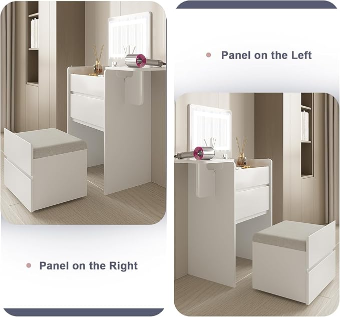 Vanity Desk with Flip Top Lighted Mirror, Compact Makeup Table with Storage Stool, Integrated Vanity with Drawers, 3-in-1 Vanity Desk Set, Small Dressing Table for Bedroom (White)