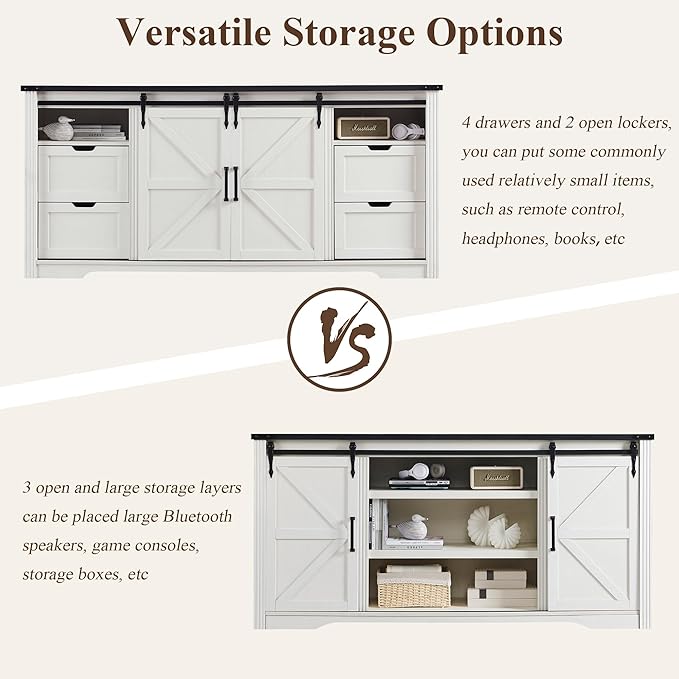 Farmhouse TV Stand for 75+ Inch TV, 32" Tall Entertainment Center w/4 Drawers & Sliding Barn Door, Rustic Media Console w/Storage Shelves, 66" Wood Television Stand for Living Room, Off White