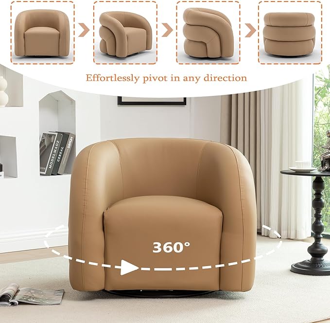 34.6" W Swivel Accent Chair, Modern Round Faux Leather Armchair for Living Room,Upholstered Comfy Sofa Chairs for Bedroom Reading Apartment Lounge,Fully Assembled(Mustard)