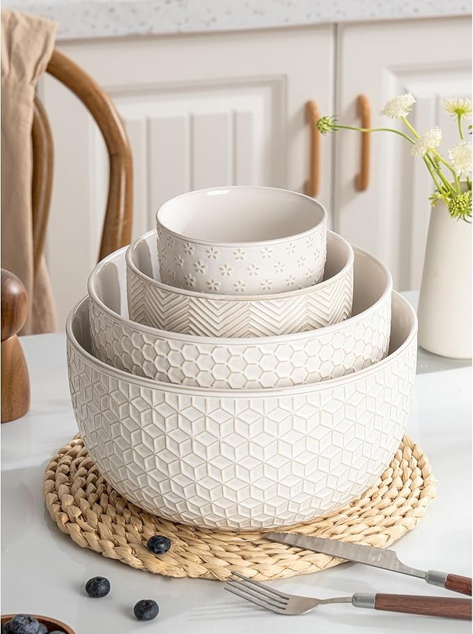 Ceramic Mixing Bowls, Embossed Nesting Bowls, Mixing Bowl Set of 4, Mixing Bowls for Cooking, Baking, Serving, Popcorn, Salad etc, Microwave and Dishwasher Safe, 20/47/99/148 oz, Off-White