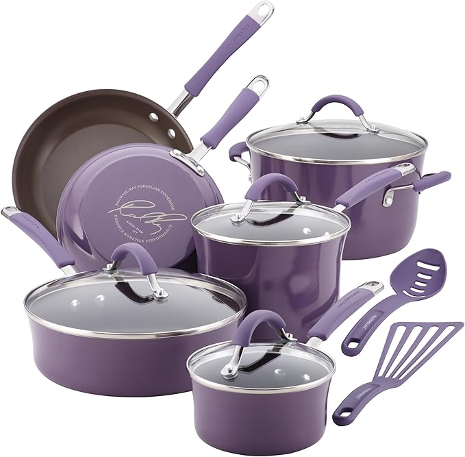 Rachael Ray Cucina Nonstick Cookware Pots and Pans Set, 12 Piece, Lavender Purple