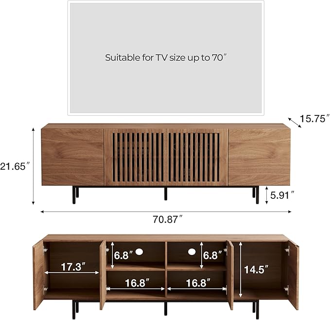 70.87″ Mid Century Modern Walnut TV Stand with Grille Doors, Storage Cabinets,Entertainment Center for TVs Up to 80",Media Console for Living Room or Bedroom