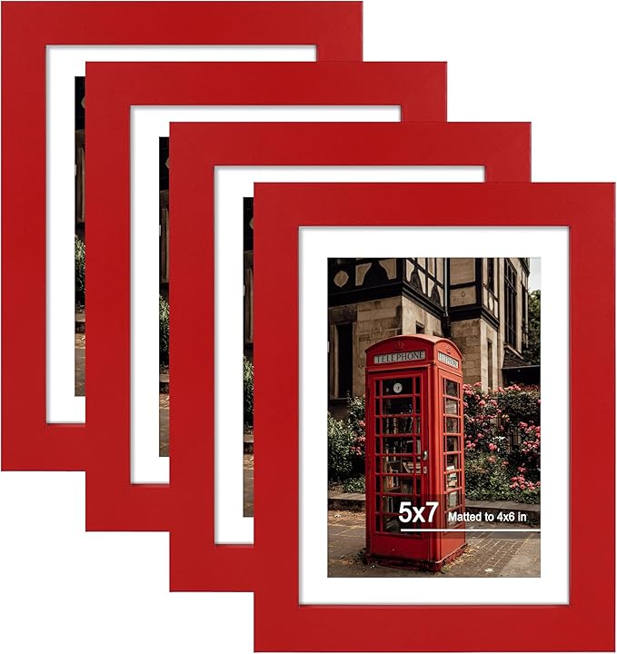 5x7 Picture Frame Set of 4, High Definition Real Glass, Display Pictures 4x6 with Mat or 5x7 Without Mat, Gallery Wall Hanging or Tabletop Photo Frames, Red