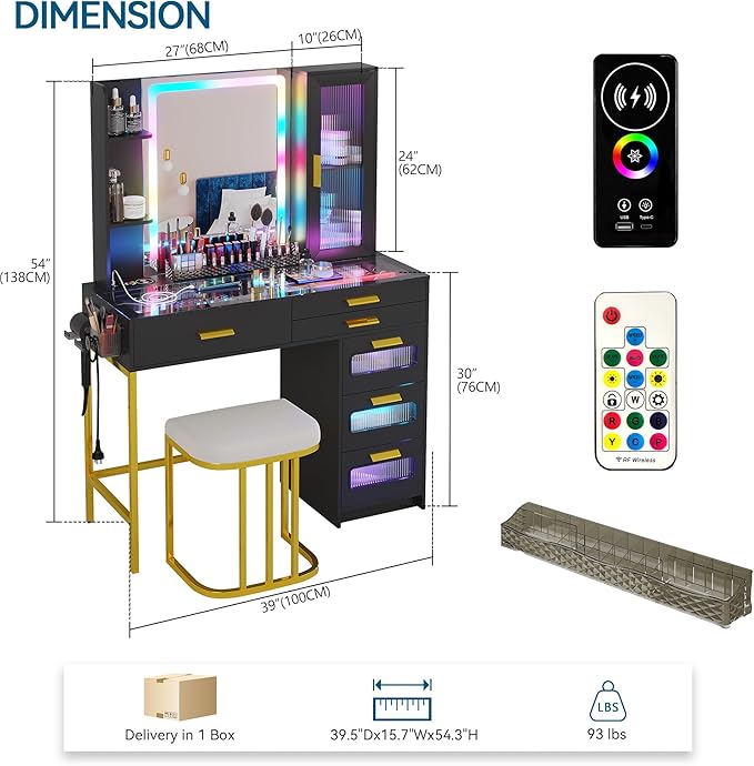 HENBC Vanity with Mirror and LED Lights, Glass Top Vanity Desk with Charging Station(Wireless+USB+Type-C), RGB Makeup Table Set with Stool/Makeup Organizer/6 Drawers (Black)