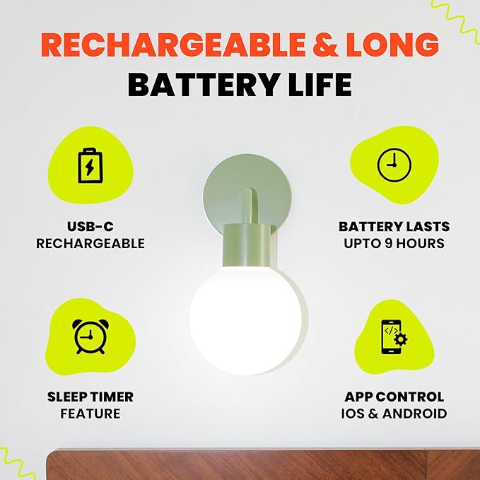 Wireless Wall Sconce (Shark Tank) Rechargeable & Dimmable LED Light w/App Control & Damage-Free Install, Moveable Modern Ambient Lighting for Elegant Home & Bedroom Decor | Sage Green