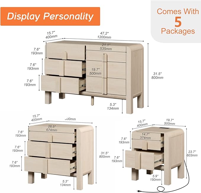 WAMPAT 5 Piece Dresser and Nightstand Sets for Bedroom, Modern 47.2" Wide 6 Drawer Chest & 3 Drawer Dresser Set of 2, and Nightstand Set of 2 with Charging Station for Bedroom, Living Room, Light Oak