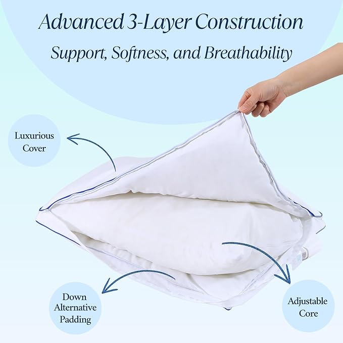 Adjustable Premium Memory Foam Pillow, Standard Size 26x18 inches, 400 TC Organic Cotton Cover with Down Alternative Plush Padding, Designed for Stomach, Back, & Side Sleepers