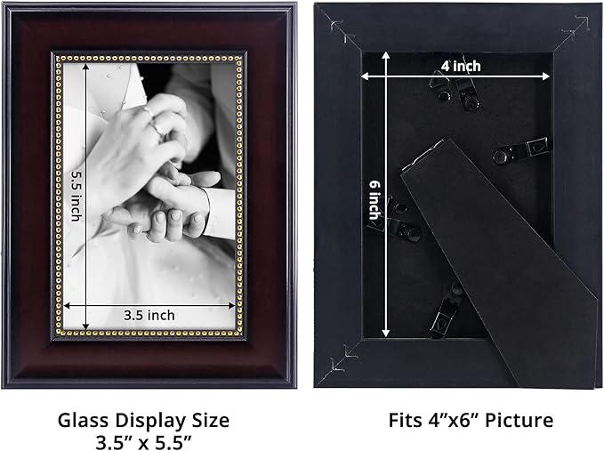GraduationMall 4x6 Picture Frames, Real Glass, Display Photos for Wall or Tabletop, Mahogany with Gold Beads, 2-Pack