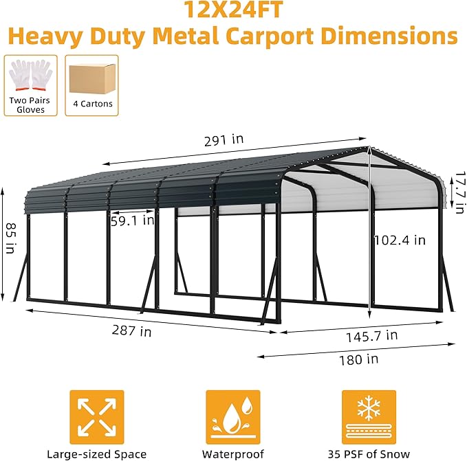 12' x 24' Heavy Duty Metal Carport with Galvanized Steel Roof, Metal Roof Carport with Enhanced Base, Tall Metal Carport Kits Garage for Tractors, Pickup, Boat, Car