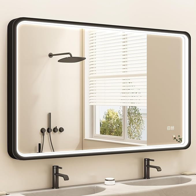 LED-Bathroom-Mirror-with-Lights, 40"x28" Wall-Mounted with Anti-Fog, 3 Colors Dimmable Light, Waterproof, Tempered Glass, Black Framed