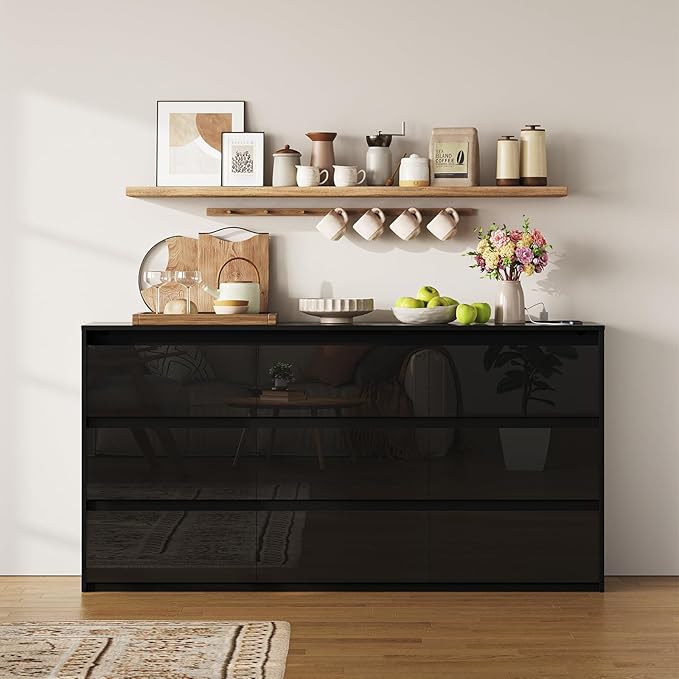 Black TV Stand, Storage Cabinet with 9 Drawers for Bedroom Modern Large High Gloss Cabinet for Living Room Office (63" W)