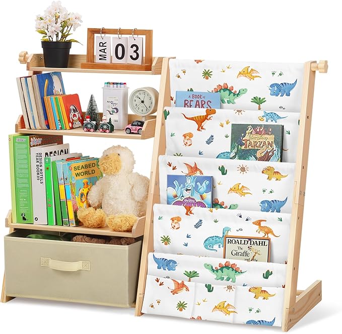 Kids Bookshelf and Toy Storage Organizer Wooden 2 in 1 Toddler Bookcase-4 Tier Book Shelf with Toy Box for Kids Room,Nursery,Playroom