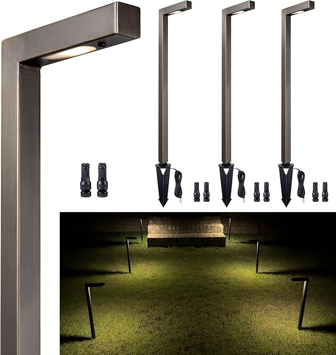 Low Voltage Pathway Lights Brass, LED Landscape Path Lights, Yard Lights Outdoor Waterproof IP65, 12V Wired L Shape Bronze for Garden Walkway Without G4 Bulb 4 Pack