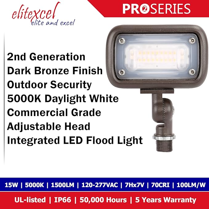 Backyard Lights Outdoor Security, EliteXcel Gen2 15W UL Listed Landscape Lights, 1500Lumen LED Flood Flagpole Light Outdoor Waterproof, 5000K Daylight, 1/2" Knuckle Mount, 120-277V and 5 Year Warranty