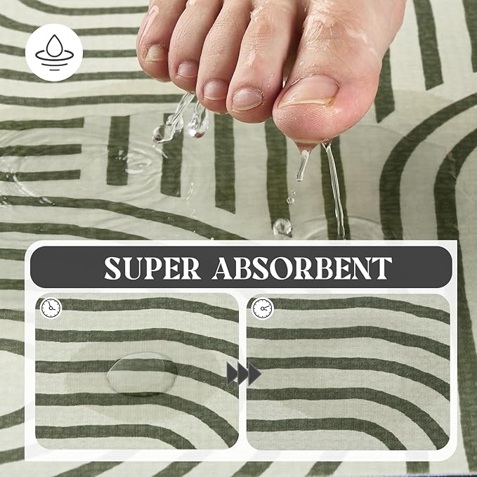 MontVoo -Bath Mat-Non Slip Thin Bathroom Rugs Fit Under Door- Quick Dry Absorbent Faux Suede Surface Grey Bathroom Floor Mats-Shower Rug for in Front of Bathtub Shower Ivory & Green Arched 17x59