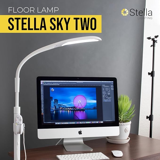Stella Sky Two Premium 10W LED Floor Task Lamp - White - Adjustable Dimmable Low Vision Natural Sunlight Light - Bright Macular Degeneration Lighting - Hobby, Crafting, Sewing, Artist, Reading, Office