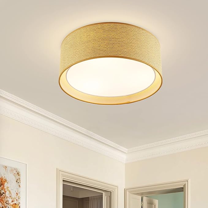 WINGBO 15.7" Modern 3-Light Flush Mount Ceiling Light Fixture with Fabric & Acrylic Double Drum Shade for Bedroom Living Room Dining Room Hallway Entryway, Flaxen