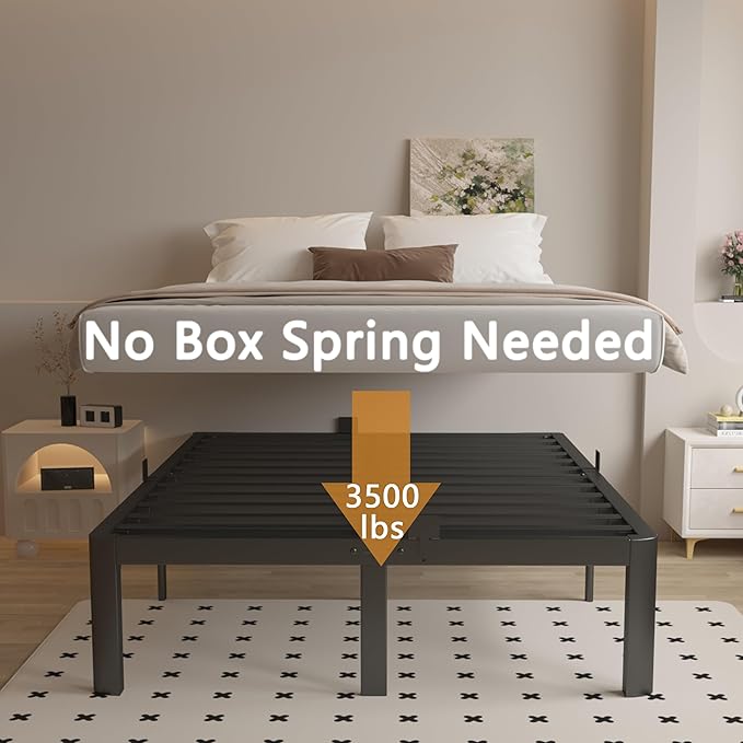 King Size Bed Frame 14 Inch, Black King Bed Frame with Metal Baffles, No Box Spring Needed, Heavy Duty Steel Platform Support, Round Corner Legs, Noiseless, Storage Space, Noiseless