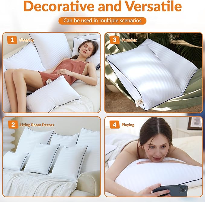 Pillows Insert 12'' x 20'' Set of 2, Decorative Lumbar Supportive Throw Pillows with Luxury Silky Covers for Indoor Couch, Sofa or Bed Decors, White Striped Cushion Sham Stuffer