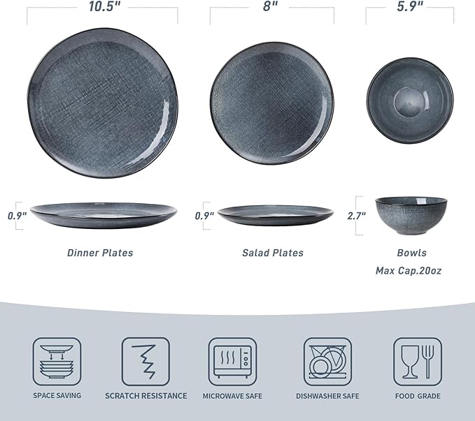 Famiware Moonlight Plates and Bowls Sets, 18 Pieces Stoneware Dinnerware Sets with Linen Finish, Handmade Dishware set for 6, Microwave and Dishwasher Safe, Scratch Resistant Tableware, Dark Blue