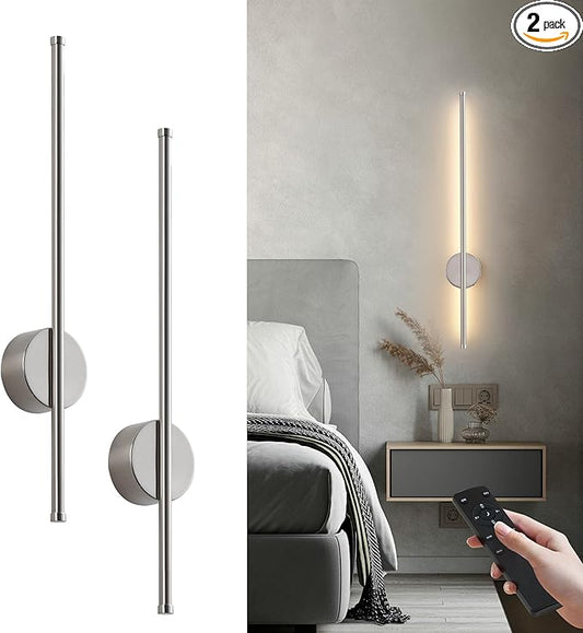 Battery Operated Modern Wall Sconces, Dimmable Wireless Wall Light Set of Two with Remote Control, 3 Color Temperatures, Rechargeable LED Wall Sconce for Bedroom, Living Room,Hallway, 23.6 Inch Nickle