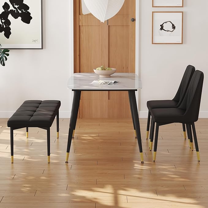 White Marble Dining Table Set for 4 with Chairs and Bench Modern Kitchen Table 2 Upholstered Chairs and Bench 4 Pcs Dining Table Set for Small Space Apartment