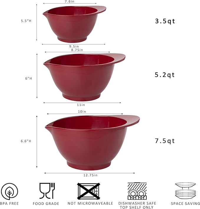 LEHAHA Set of 3 Melamine Mixing Bowls with Pour Spout, Non-Slip, BPA Free, Nesting large Serving Bowl with big handle for Prepping, Baking, Cooking, Kitchen Cooking and Baking Supplies, Burgundy Red