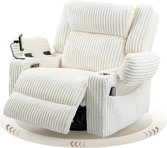 Dual Motor Power Oversized Swivel Rocker Recliner Chair with Adjustable Headrest for Adults, Glider Rocking Chairs with Vibration and Heat, USB Type C, Armrest Storage, Cream White
