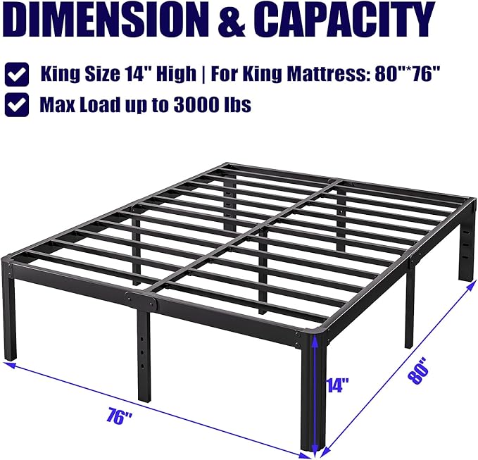 14in High King Bed Frame No Box Spring Needed, Heavy Duty King Platform Bed Frame with Round Corners, Easy Assembly, Noise Free, Black