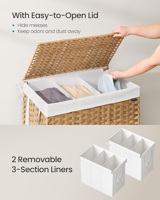 SONGMICS Laundry Hamper with Lid, 160 L Clothes Hamper with 2 Removable Liner Bags, 6 Mesh Bags, Wicker Laundry Basket, Double Laundry Hamper for Bathroom, 26 x 15.7 x 24 Inches, Natural ULCB316Y01