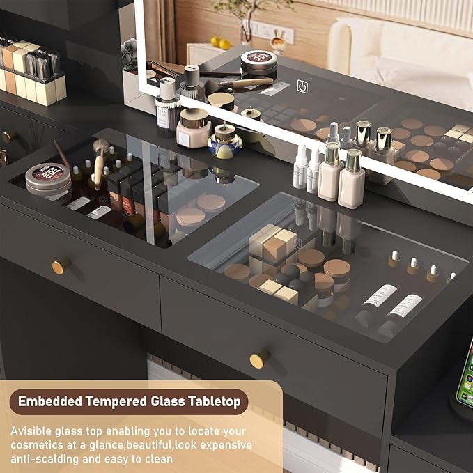 62" Large Black Vanitys Desk w/ Tempered Glass Top,60000-color LED Lights,Power Outlet, Make up Vanity w/ 3 Lights Mode LED Mirror,9 Drawers,2 RGB Cabinet LED Vanity Table for Women,Girls