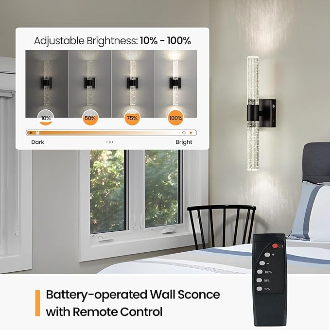 Battery Operated Wireless Wall Sconces Set of Two, Rechargeable Black Wall Sconce Set of 2 with Remote Control, Modern LED Wall Light for Bedroom, Living Room, Hallway (4000K)