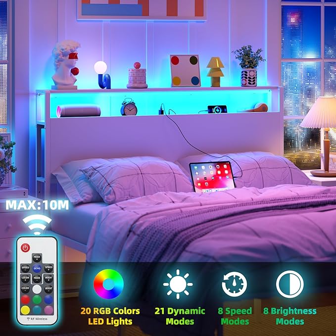 Full Sized Headboard with 2 Tiers Storage Shelves, Sturdy and Stable Headboard with Charging Station, USB Ports and LED Light for Full Bed Frame, White