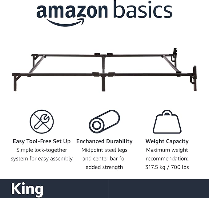 Amazon Basics Metal Bed Frame, 9-Leg Base for Box Spring and Mattress, King, Tool-Free Easy Assembly, Black