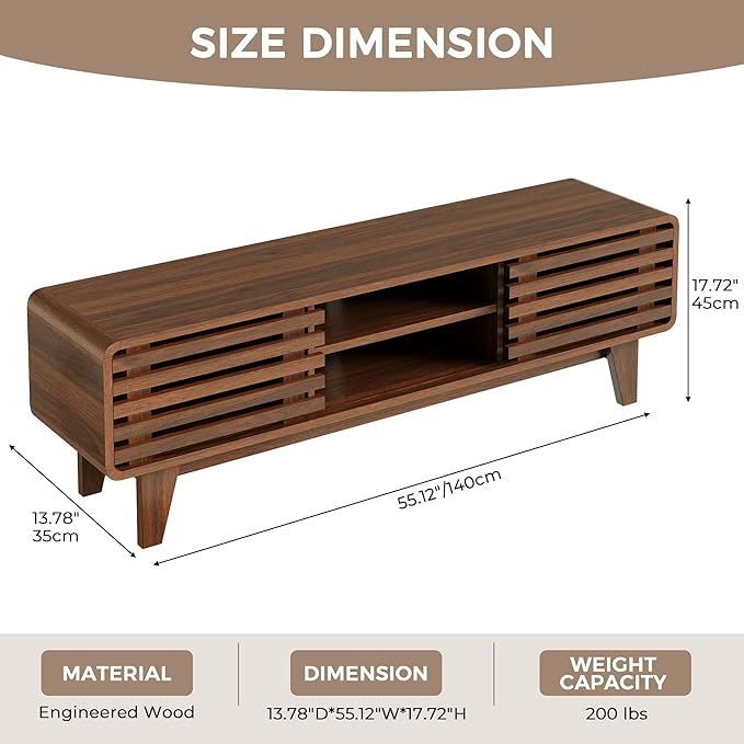 Luoxiao TV Stand for 60 Inch TV, Mid Century Modern Entertainment Center with Storage Boho Television Stand with Shelves and Grille Sliding Doors Wood Media Console for Living Room, Walnut