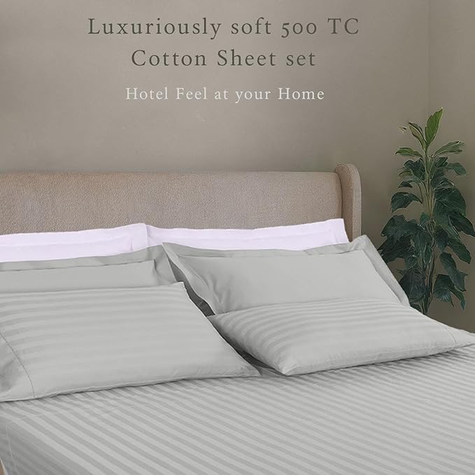 Threadmill 500 Thread Count Full-Size Damask Stripe, 4 Pc Luxury Cotton Sheet Set, Breathable Light Grey Sheets with 16" Elasticized Deep Pocket, 2 Pillowcases & Free Tote Bag